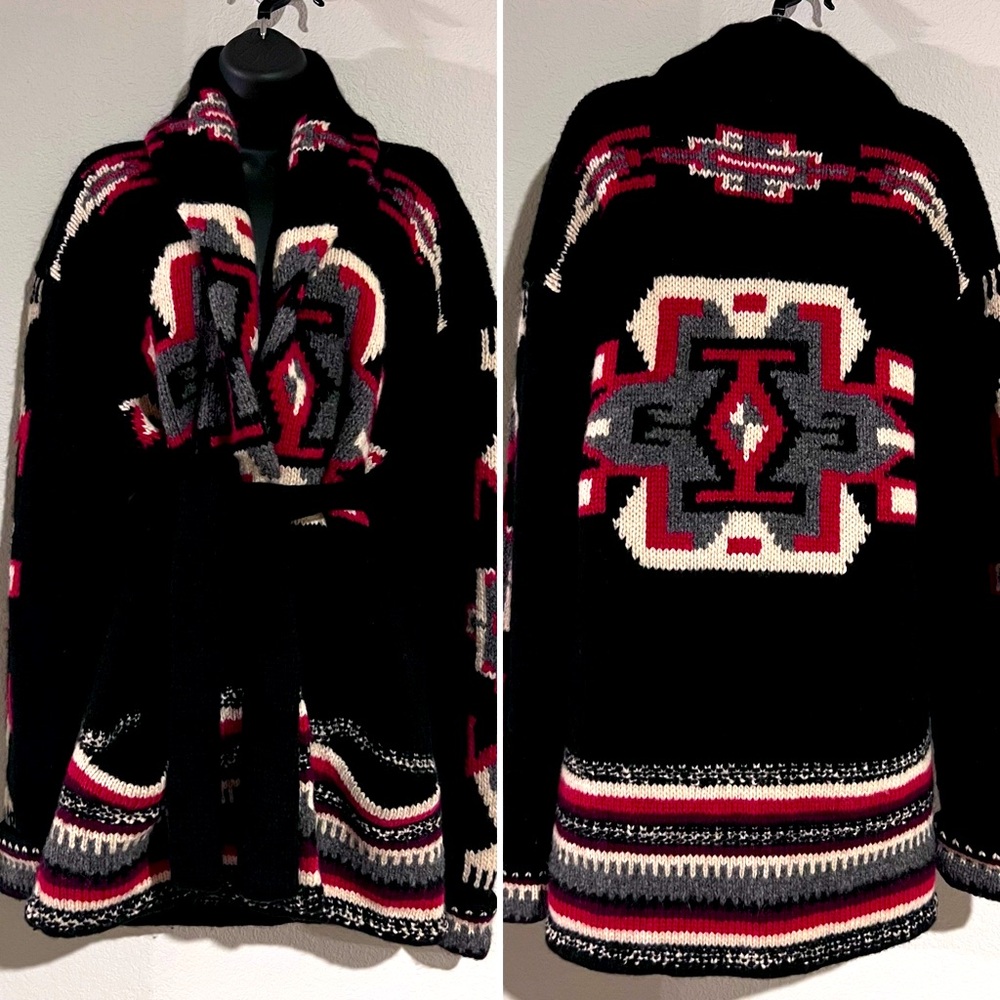Vintage Ralph Lauren Black and Red Aztec Hand Knit Wool Sweater M